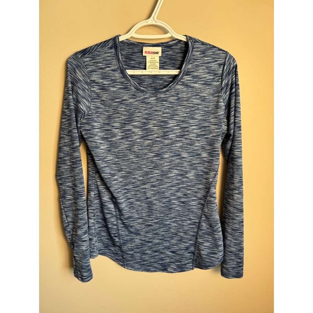 Scrubstar Womens Blue Space Dye Underscrub Tee XS Active Layer Thumbhole Cuffs
